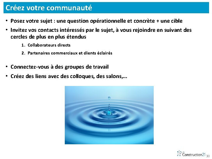 Créez votre communauté • Posez votre sujet : une question opérationnelle et concrète +