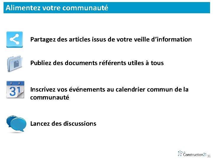 Alimentez votre communauté Partagez des articles issus de votre veille d’information Publiez des documents