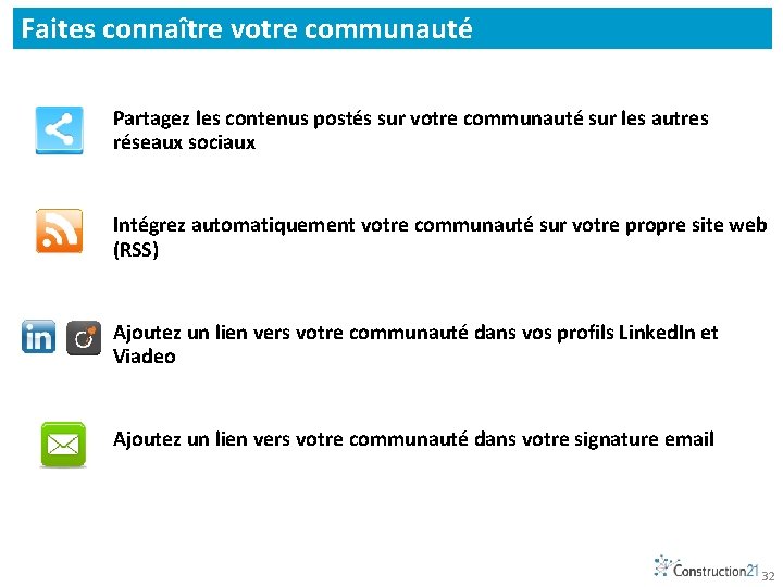 Faites connaître votre communauté Partagez les contenus postés sur votre communauté sur les autres