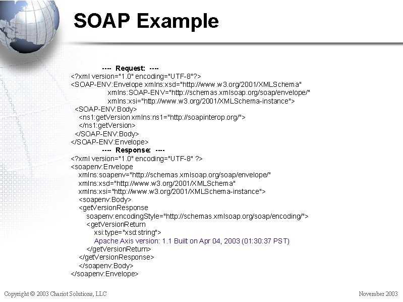 SOAP Example ---- Request: ---<? xml version="1. 0" encoding="UTF-8"? > <SOAP-ENV: Envelope xmlns: xsd="http: