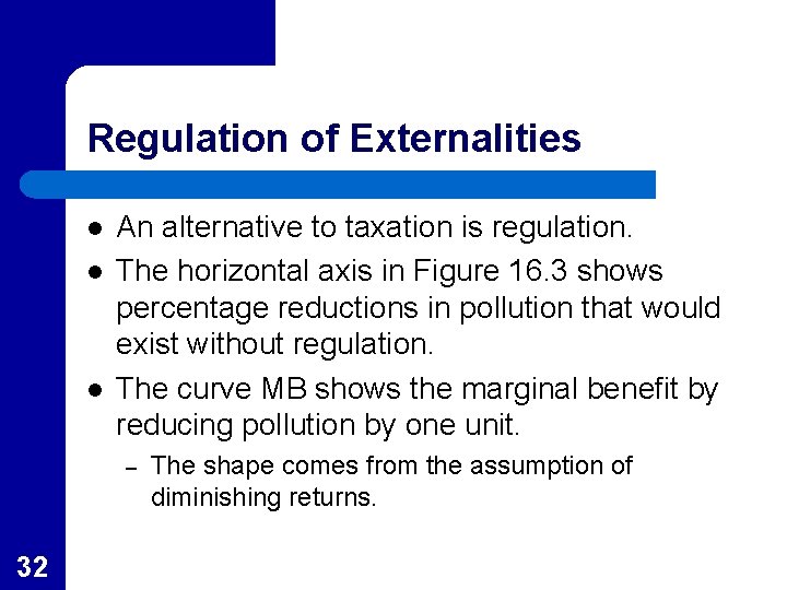 Regulation of Externalities l l l An alternative to taxation is regulation. The horizontal