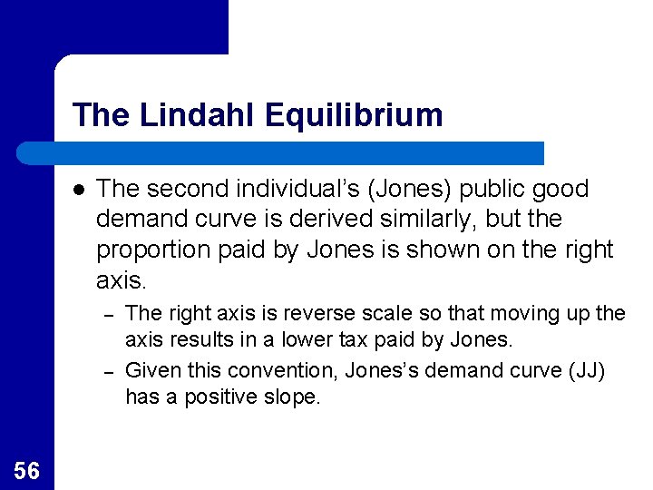 The Lindahl Equilibrium l The second individual’s (Jones) public good demand curve is derived