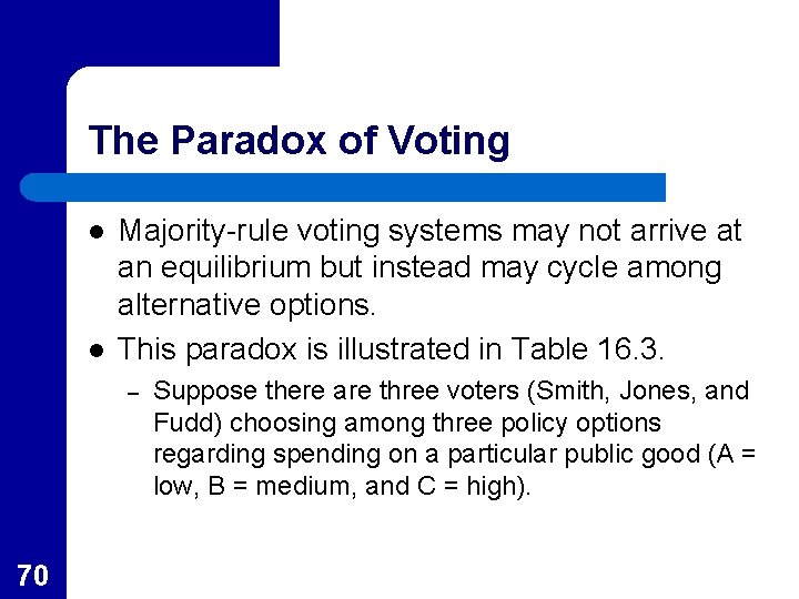 The Paradox of Voting l l Majority-rule voting systems may not arrive at an