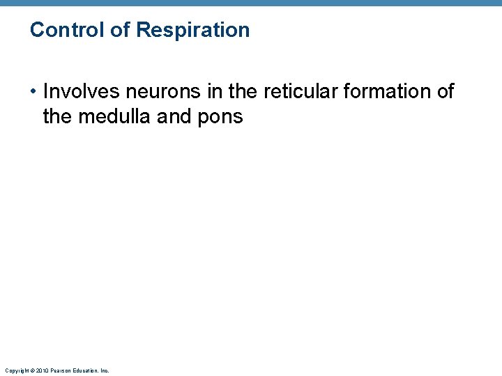 Control of Respiration • Involves neurons in the reticular formation of the medulla and
