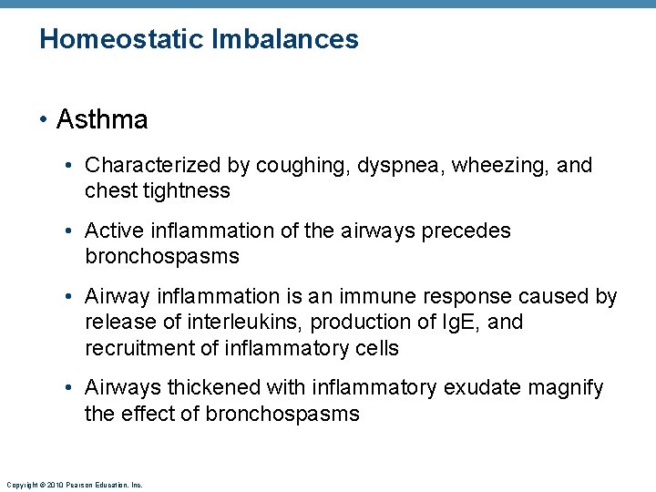 Homeostatic Imbalances • Asthma • Characterized by coughing, dyspnea, wheezing, and chest tightness •