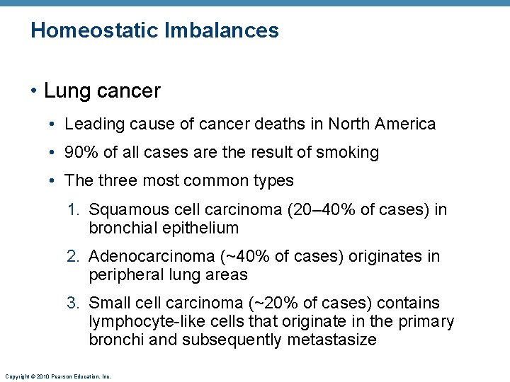 Homeostatic Imbalances • Lung cancer • Leading cause of cancer deaths in North America