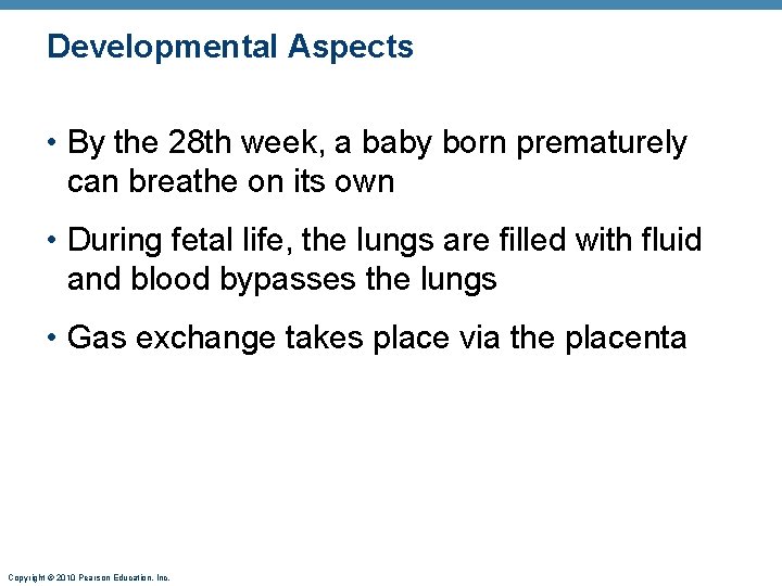 Developmental Aspects • By the 28 th week, a baby born prematurely can breathe