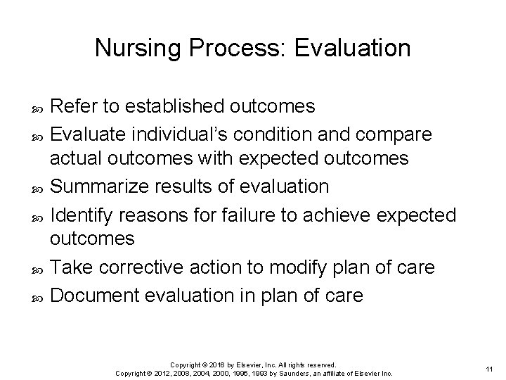 Nursing Process: Evaluation Refer to established outcomes Evaluate individual’s condition and compare actual outcomes