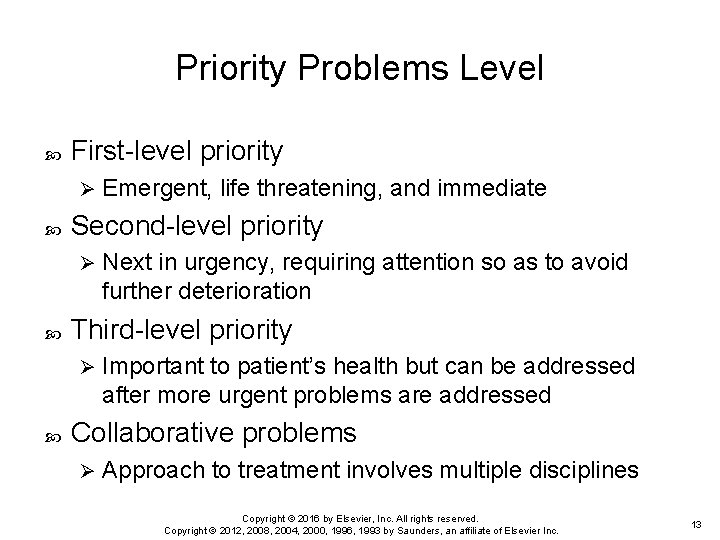 Priority Problems Level First-level priority Ø Second-level priority Ø Next in urgency, requiring attention