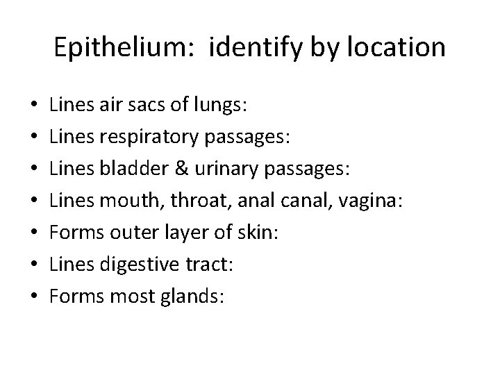 Epithelium: identify by location • • Lines air sacs of lungs: Lines respiratory passages: