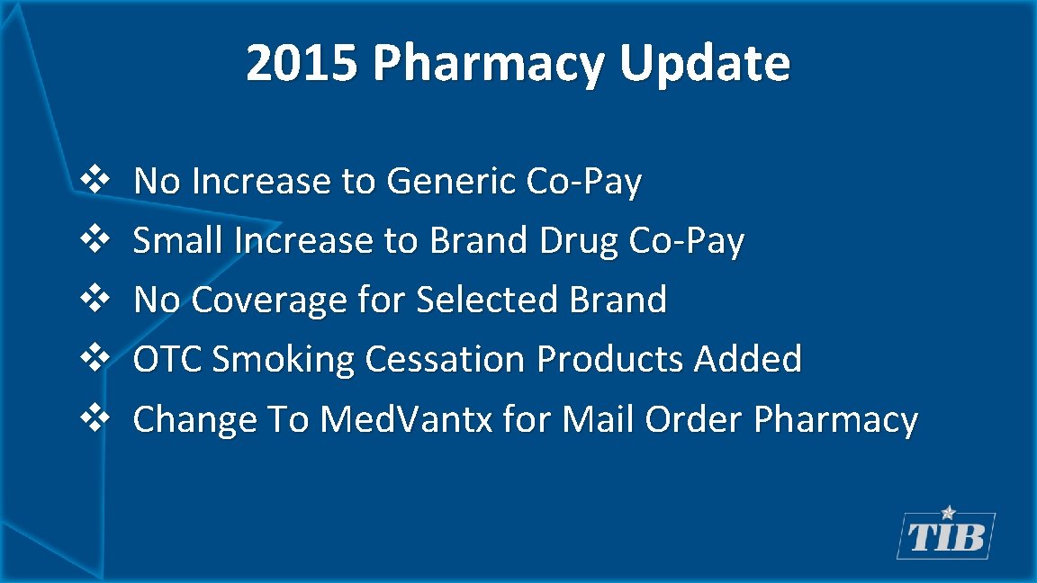 2015 Pharmacy Update v v v No Increase to Generic Co-Pay Small Increase to
