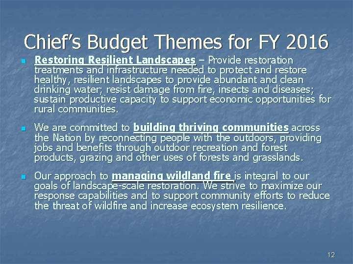 Chief’s Budget Themes for FY 2016 n n n Restoring Resilient Landscapes – Provide