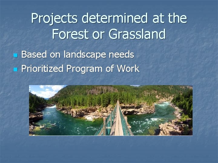 Projects determined at the Forest or Grassland n n Based on landscape needs Prioritized