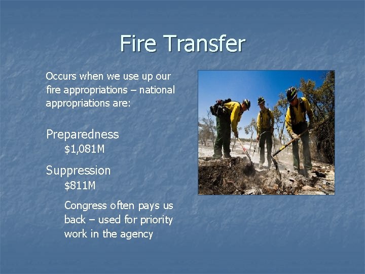 Fire Transfer Occurs when we use up our fire appropriations – national appropriations are: