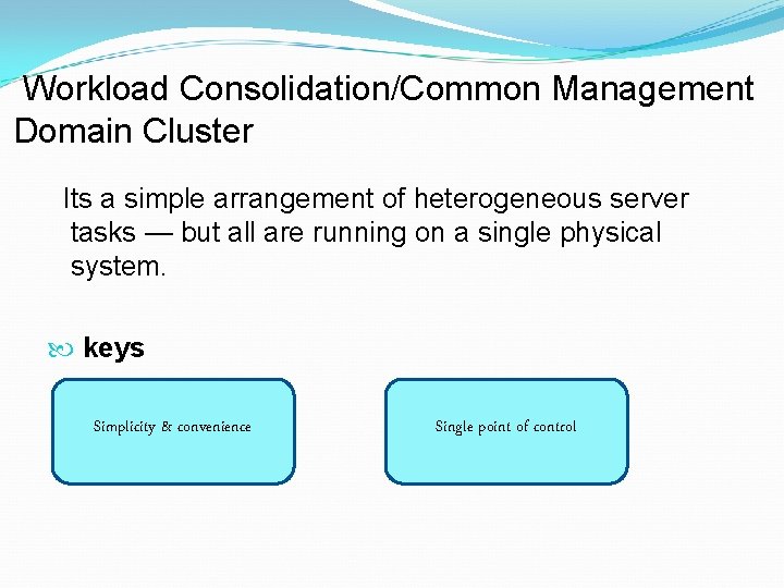 Workload Consolidation/Common Management Domain Cluster Its a simple arrangement of heterogeneous server tasks Workload Consolidation/Common Management Domain Cluster Its a simple arrangement of heterogeneous server tasks