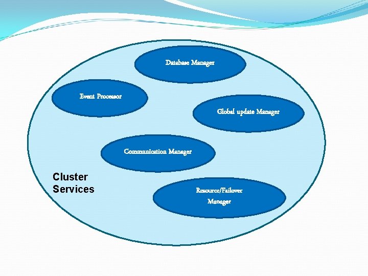 Database Manager Event Processor Global update Manager Communication Manager Cluster Services Resource/Failover Manager 