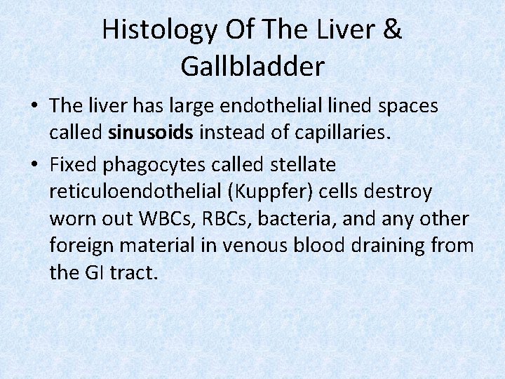 Histology Of The Liver & Gallbladder • The liver has large endothelial lined spaces