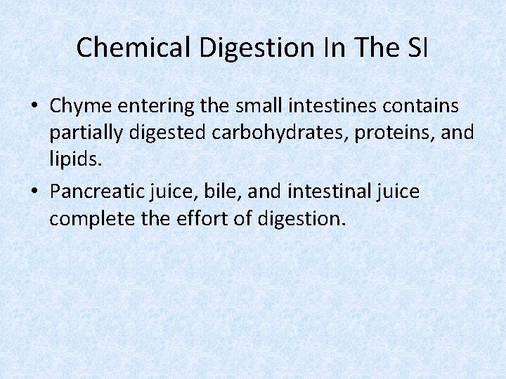 Chemical Digestion In The SI • Chyme entering the small intestines contains partially digested