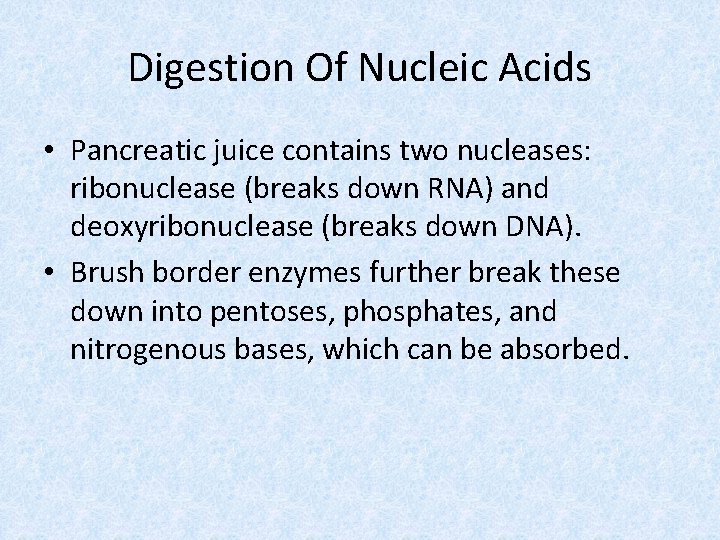 Digestion Of Nucleic Acids • Pancreatic juice contains two nucleases: ribonuclease (breaks down RNA)