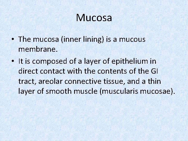Mucosa • The mucosa (inner lining) is a mucous membrane. • It is composed