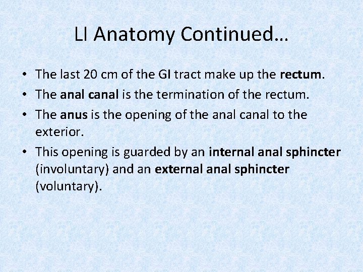 LI Anatomy Continued… • The last 20 cm of the GI tract make up