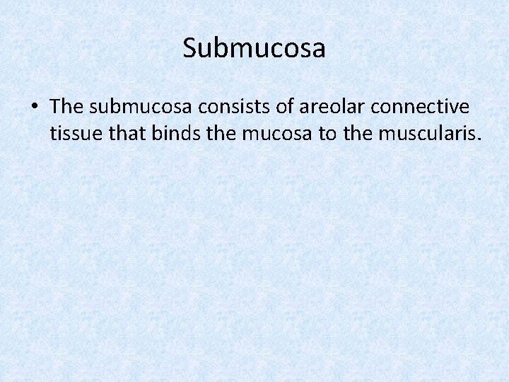 Submucosa • The submucosa consists of areolar connective tissue that binds the mucosa to