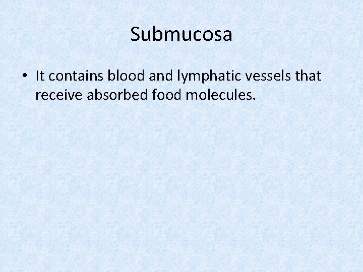 Submucosa • It contains blood and lymphatic vessels that receive absorbed food molecules. 