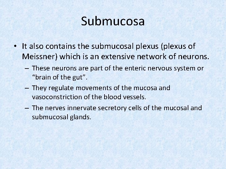 Submucosa • It also contains the submucosal plexus (plexus of Meissner) which is an