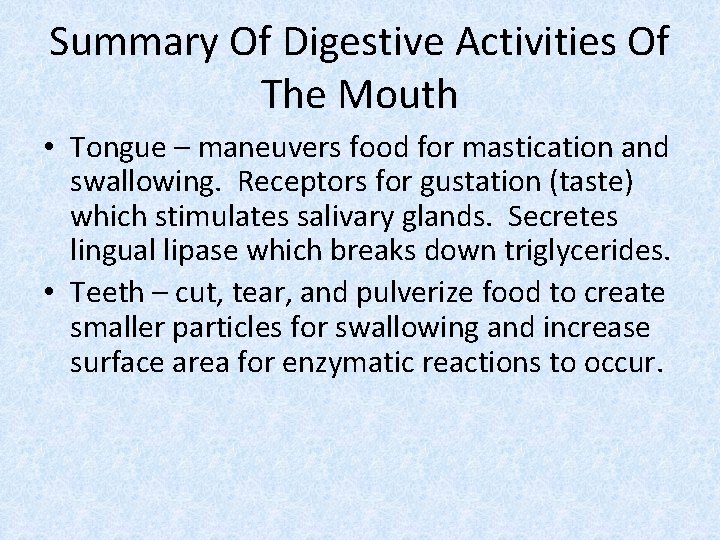 Summary Of Digestive Activities Of The Mouth • Tongue – maneuvers food for mastication