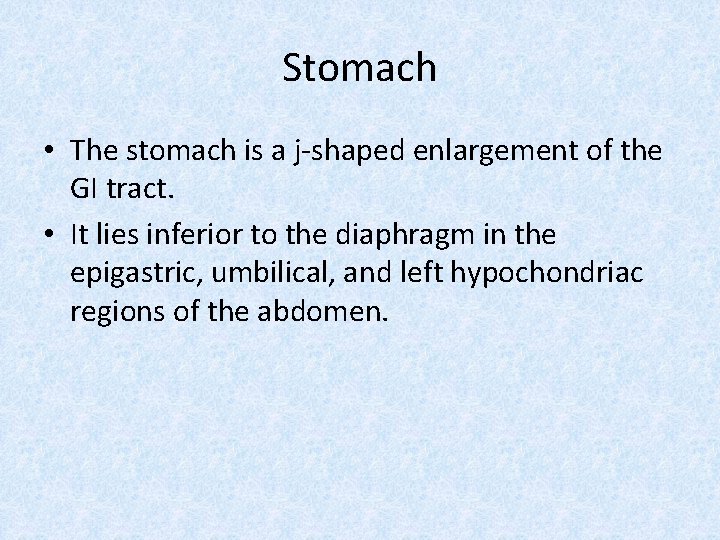 Stomach • The stomach is a j-shaped enlargement of the GI tract. • It
