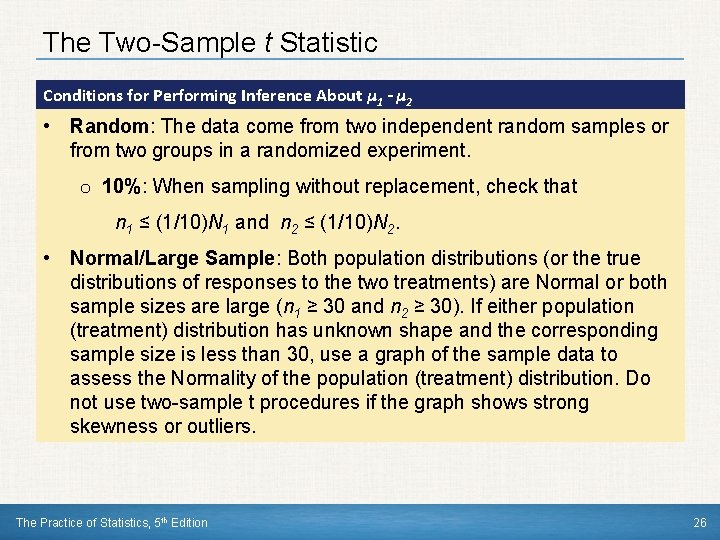 The Two-Sample t Statistic Conditions for Performing Inference About µ 1 - µ 2