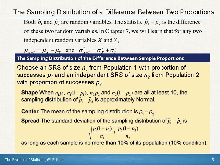 The Sampling Distribution of a Difference Between Two Proportions The Sampling Distribution of the