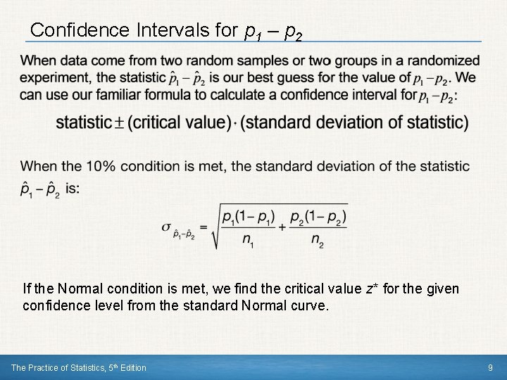 Confidence Intervals for p 1 – p 2 If the Normal condition is met,