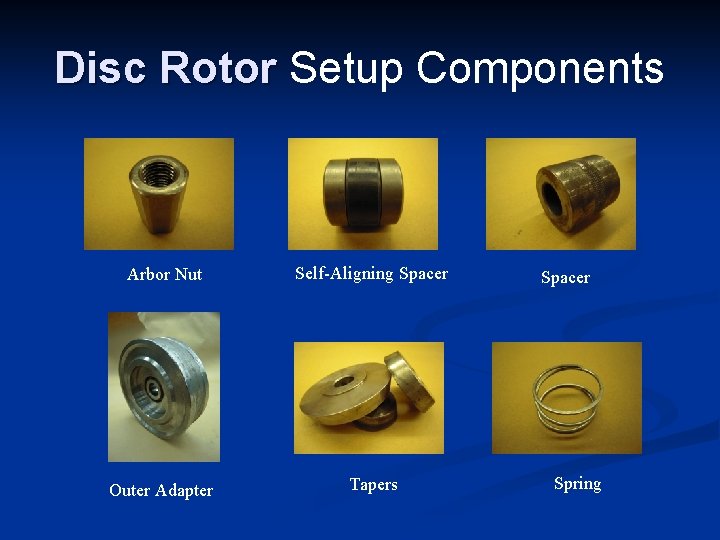 Disc Rotor Setup Components Arbor Nut Self-Aligning Spacer Outer Adapter Tapers Spacer Spring 