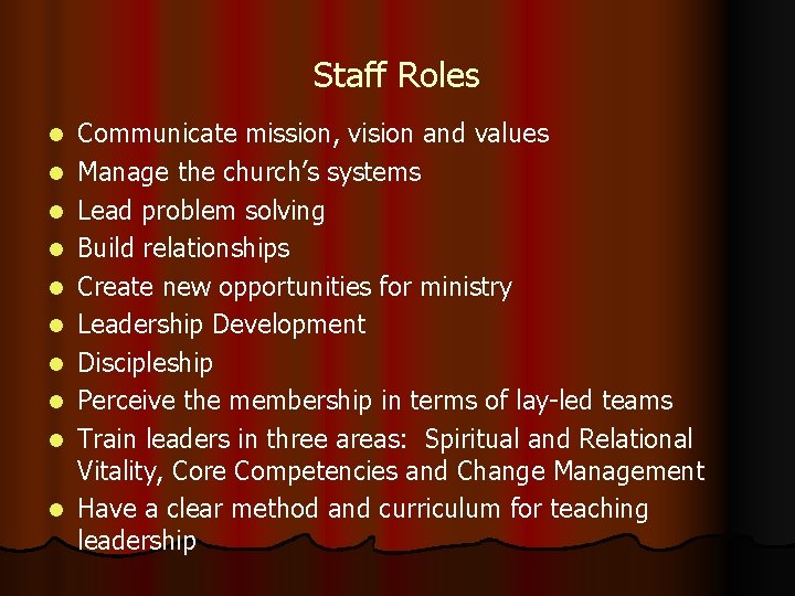 Staff Roles l l l l l Communicate mission, vision and values Manage the