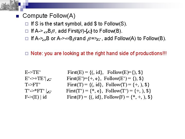 n Compute Follow(A) If S is the start symbol, add $ to Follow(S). ¨