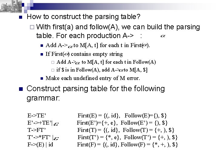 n How to construct the parsing table? ¨ With first(a) and follow(A), we can
