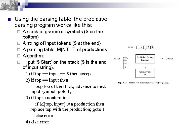 n Using the parsing table, the predictive parsing program works like this: ¨ ¨