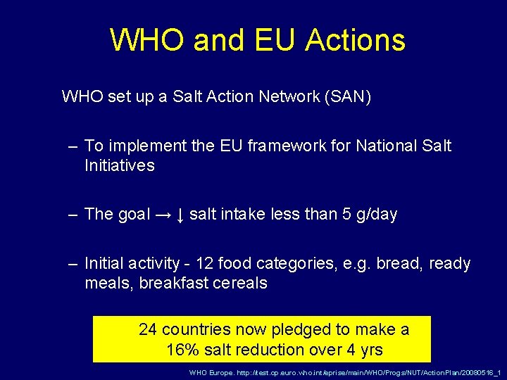 WHO and EU Actions WHO set up a Salt Action Network (SAN) – To