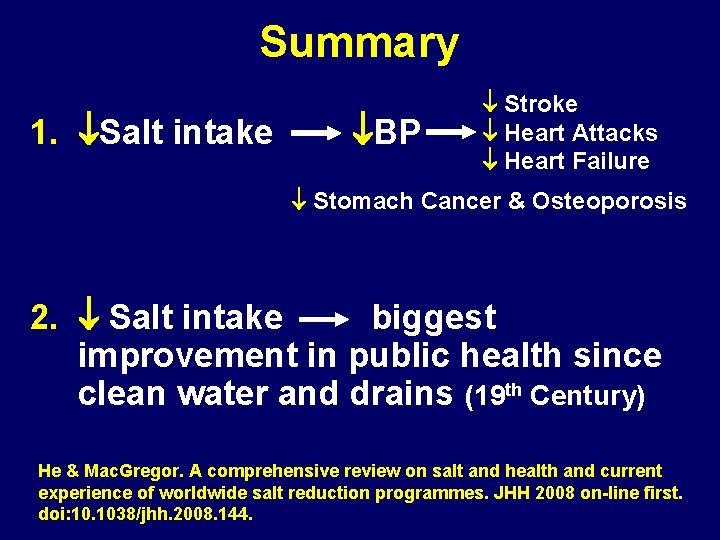 Summary 1. Salt intake BP Stroke Heart Attacks Heart Failure Stomach Cancer & Osteoporosis