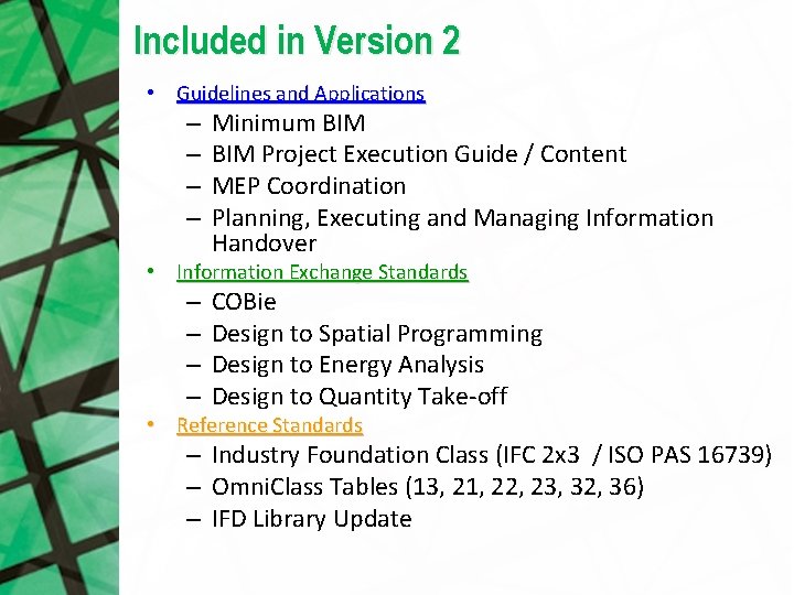 Included in Version 2 • Guidelines and Applications – – Minimum BIM Project Execution