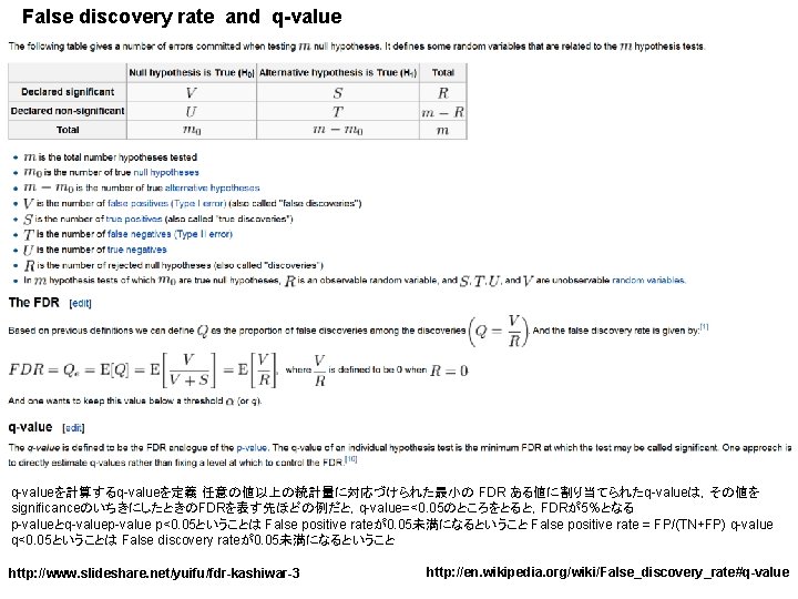 False discovery rate and q-valueを計算するq-valueを定義 任意の値以上の統計量に対応づけられた最小の FDR ある値に割り当てられたq-valueは，その値を signiﬁcanceのいちきにしたときのFDRを表す先ほどの例だと，q-value=<0. 05のところをとると，FDRが5%となる p-valueとq-valuep-value p<0. 05ということは False