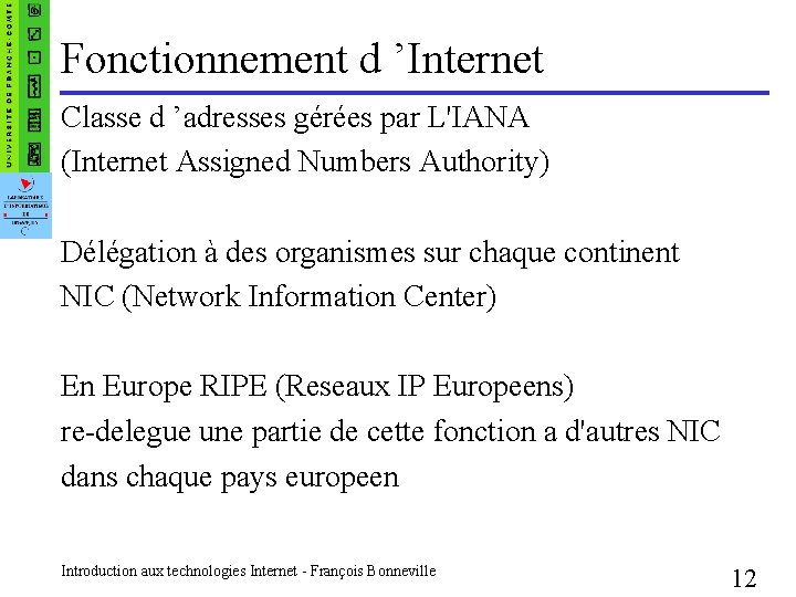 Fonctionnement d ’Internet Classe d ’adresses gérées par L'IANA (Internet Assigned Numbers Authority) Délégation