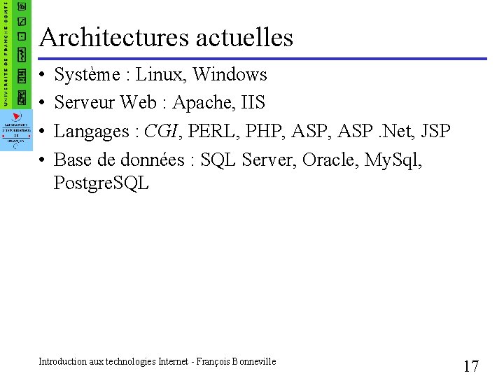 Architectures actuelles • • Système : Linux, Windows Serveur Web : Apache, IIS Langages