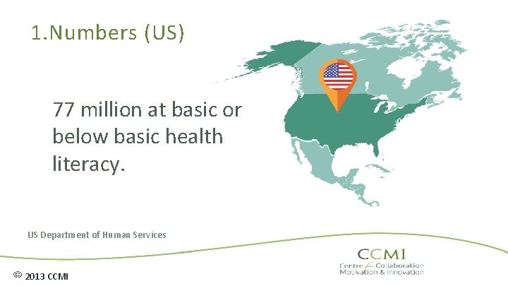 1. Numbers (US) 77 million at basic or below basic health literacy. US Department