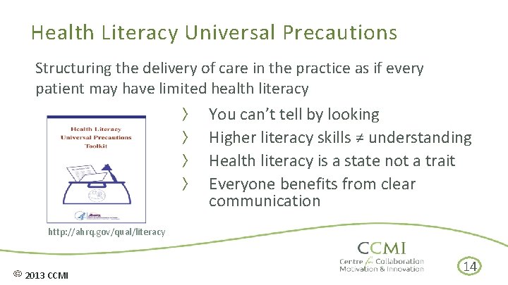 Health Literacy Universal Precautions Structuring the delivery of care in the practice as if