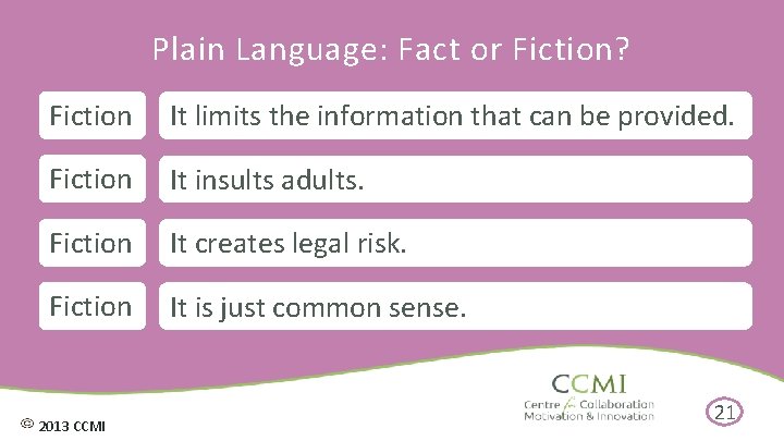 Plain Language: Fact or Fiction? Fiction It limits the information that can be provided.