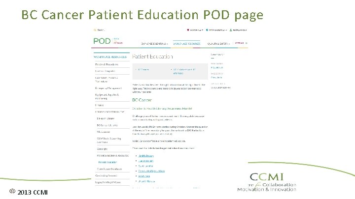 BC Cancer Patient Education POD page 2013 CCMI 