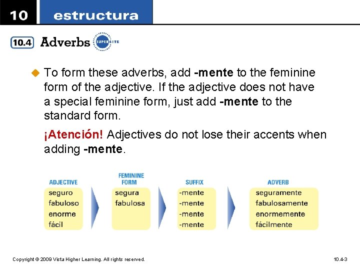 u To form these adverbs, add -mente to the feminine form of the adjective.