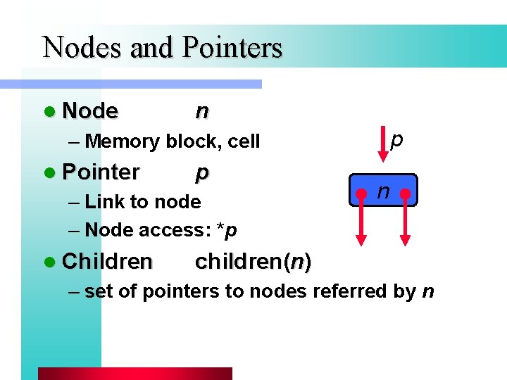 Nodes and Pointers l Node n p – Memory block, cell l Pointer p